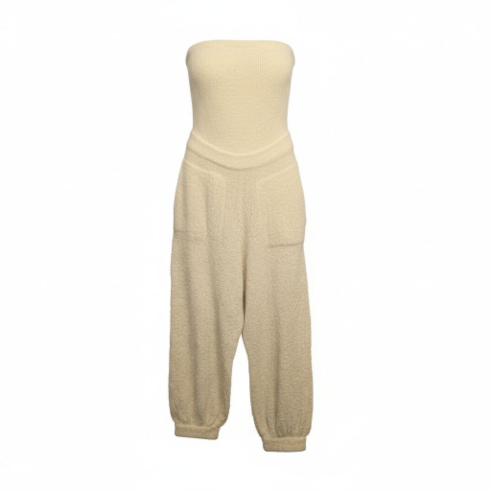 Free People Beach Claire Terry Cloth Strapless Romper Ivory L Pocketed Boho